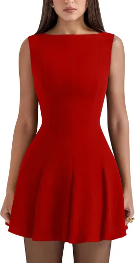 YMDUCH Women's Summer Sleeveless Boat Neck A-line Flared Hem Club Party Mini Dress