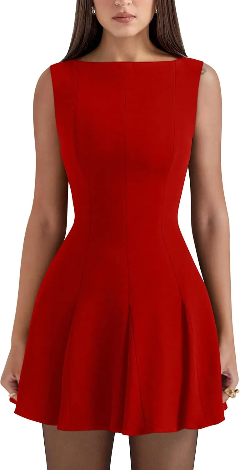 YMDUCH Women's Summer Sleeveless Boat Neck A-line Flared Hem Club Party Mini Dress